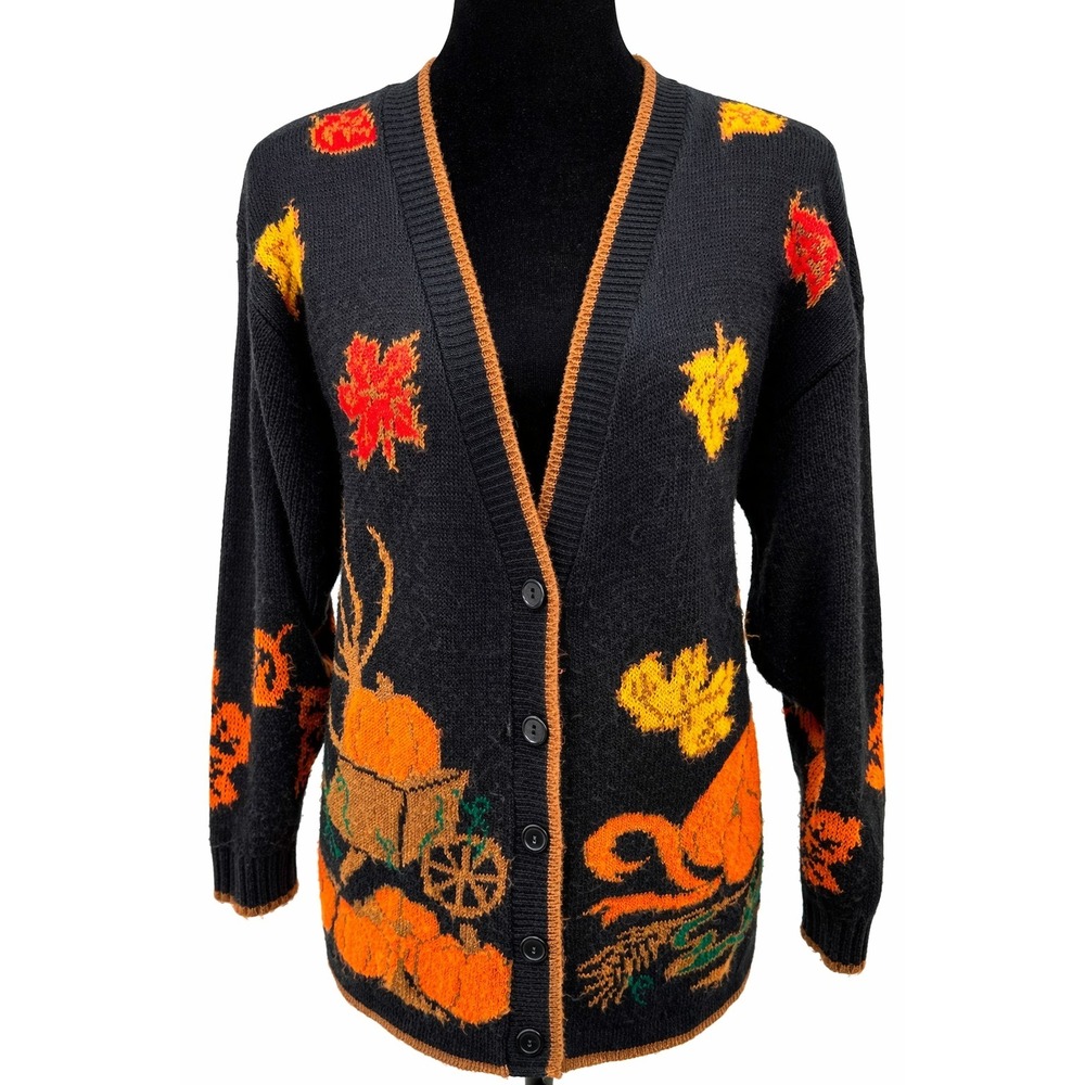 Basic Editions Womens‎ V-Neck Cardigan Medium Black Fall Leaves Holiday Knit